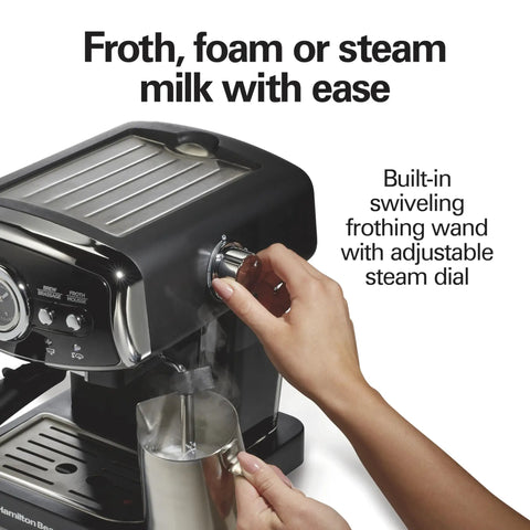 Slide And Lock Espresso Machine With Built In Milk Frother Steam Wand 15 Bar Pump Compact Countertop Coffee Maker smooth frothing wand in use.
