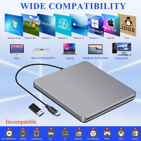 USB C External SuperDrive For Mac Slot In DVD RW Drive Aluminum Space Grey Compatible With Apple MacBooks Desktops Ultra Slim Aluminum Casing With Fingerprint Resistant Finish And Easy Plug And Play USB C Connection, front view