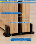Three Roller Adjustable Sliding Closet Door Floor Guide Upgrade Kit Two Pack Black Bottom Mount For Bypass Double Bypass And Barn Doors Built For Ultra Smooth Glide Protects Panels From Scratches And Wear With Independent Adjustable Rollers showing dimensions for double door gap, thickness, and clearance.