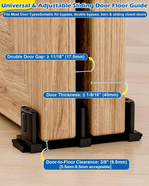 Three Roller Adjustable Sliding Closet Door Floor Guide Upgrade Kit Two Pack Black Bottom Mount For Bypass Double Bypass And Barn Doors Built For Ultra Smooth Glide Protects Panels From Scratches And Wear With Independent Adjustable Rollers showing dimensions for double door gap, thickness, and clearance.