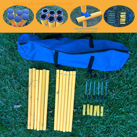 Dog Agility Training Set With Six Weave Poles And Adjustable Jump Bar Outdoor Obstacle Course Weather Resistant And Bright Yellow Poles For Fast Runs Obedience Coordination And Kickass Training Sessions components on grass