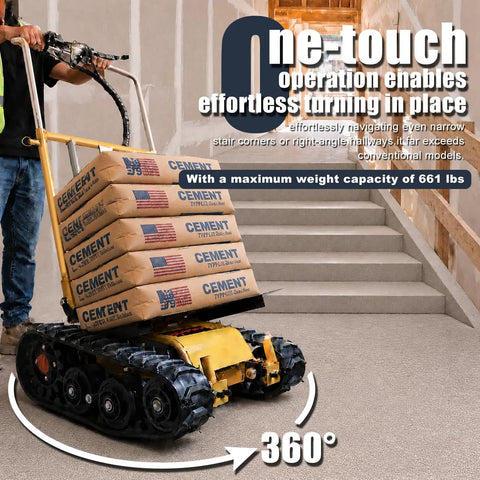 Huge Load Power Lift: Electric Stair Climbing Dolly with 360 Degree Turns transporting heavy cement bags, navigating stairs.