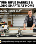 Top Shelf Benchtop Metal Lathe Machine 8 X 39 Inch Capacity 1100W Brushless Motor Variable 50 To 2500 Rpm Precision in garage setup.