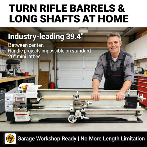 Top Shelf Benchtop Metal Lathe Machine 8 X 39 Inch Capacity 1100W Brushless Motor Variable 50 To 2500 Rpm Precision in garage setup.