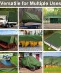 Heavy Duty Canvas Tarp 6x8 Feet With Rustproof Grommets 12 Oz Water Resistant Canvas UV Resistant Multipurpose Outdoor Tarpaulin For Camping Canopy Wood Pile Trailer Green, used for covering various items and vehicles outdoors.