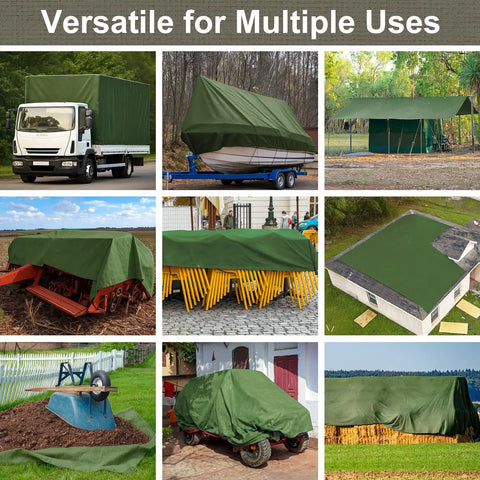 Heavy Duty Canvas Tarp 6x8 Feet With Rustproof Grommets 12 Oz Water Resistant Canvas UV Resistant Multipurpose Outdoor Tarpaulin For Camping Canopy Wood Pile Trailer Green, used for covering various items and vehicles outdoors.