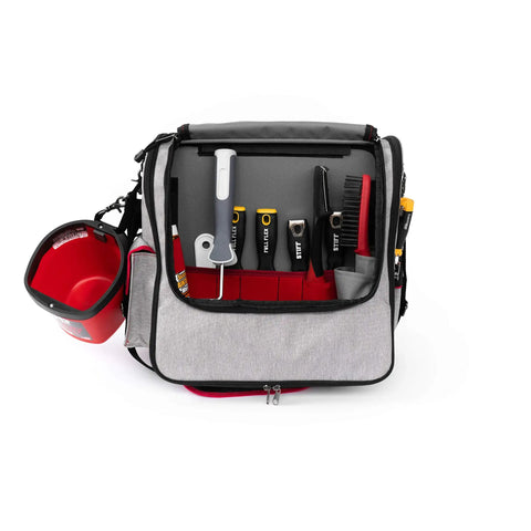 Pro Painters Tool Bag Deluxe With Adjustable Shoulder Strap Dual Sides For Applicators And Prep Tools Multiple Pockets For Brushes Scrapers Rollers And Accessories Heavy Duty Organizer For On The Job Painting Gear