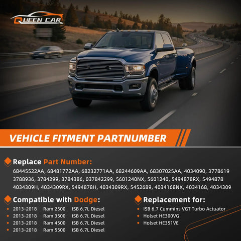 Beefed-Up Turbo Actuator For 6.7L Cummins Diesel Fits 2013 To 2018 Heavy Duty Pickup Trucks 2500 3500 4500 5500 shown in flyer.