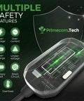 Close-up view of Primecom.Tech safety features on Level 2 24 Amp EV Charger With Adjustable Amperage 10A 16A 24A 30 Foot Cable L14 30P.