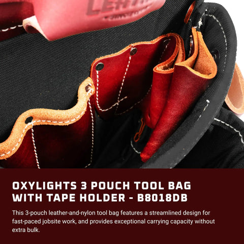 Close-up of 3 pouch leather tool bag with tape holder for pros built in tape holster 10 pockets and tool holders black made in USA