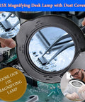 Close-up of electronics under 15X Magnifying Desk Lamp With Clamp Real Glass Lens 84 LED Illumination 5 Color Modes.