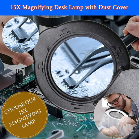 Close-up of electronics under 15X Magnifying Desk Lamp With Clamp Real Glass Lens 84 LED Illumination 5 Color Modes.