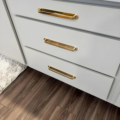 Solid Brass Cabinet Pull With Backplate, 6.5 Inch L-Shaped Handle In Polished Unlacquered Finish on bathroom drawers