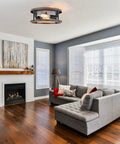 Living room with 2 pack farmhouse retro ceiling light fixture with E26 base, dope anti corrosion wood grain look black flush mount.