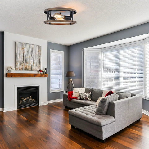 Living room with 2 pack farmhouse retro ceiling light fixture with E26 base, dope anti corrosion wood grain look black flush mount.