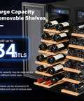 34 Bottle Dual Zone Wine And Beverage Fridge With Independent Temperature Control And LED Panel, open showing wine bottles