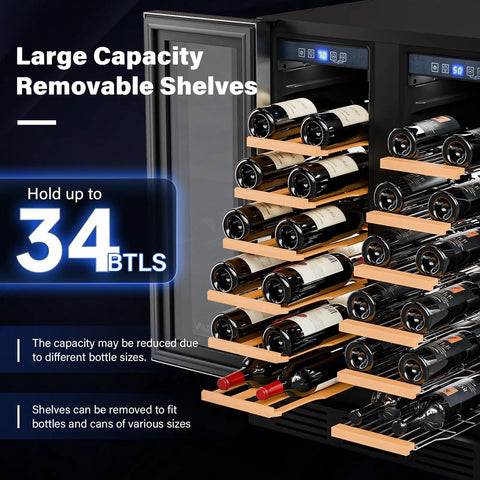 34 Bottle Dual Zone Wine And Beverage Fridge With Independent Temperature Control And LED Panel, open showing wine bottles