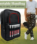 Ultimate Golf Valuables Pouch and Ball Bag shown clipped to golf bag, highlighting tee storage and multiple pockets.