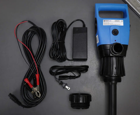Heavy Duty Electric Drum Transfer Pump For Diesel Exhaust Fluid And Water 115V And 12V Dual Power with cables and power adapter.