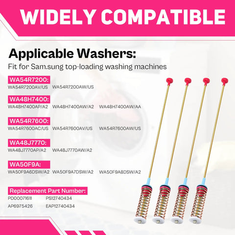 Washer Suspension Rods Twenty Seven Point Six Inch Precision Fit For WA54R7200AV US And WA54R7200AW US Replacement Parts To Cut Noise And Vibrations And Say Bye To Racket For Your Samsung Front Load Laundry Quiet And Running Smooth, 4-pack