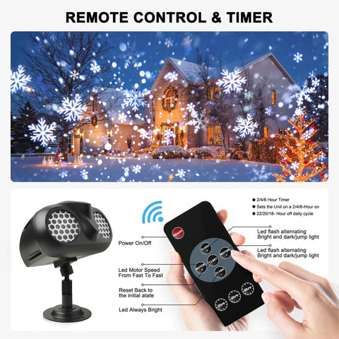Outdoor Dope Christmas Projector Lights Dual Head Snowflake Projector with RF Remote showing snowfall effect and control features