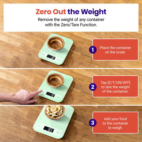 Reliable 5000 G Digital Kitchen Scale With 1 G Precision, Tare Function, And Multi Unit Readouts Including Oz, Lb Oz, Fl Oz, G, And Ml, Big Easy To Read Display For Quick Everyday Cooking Prep. Green digital kitchen scale with bowl showing tare function