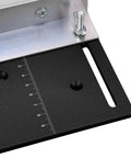 Close-up of Heavy Duty Aluminum Router Lift With Tight Precision Dial And Bulletproof Steel Mounting Plate, showcasing a matte black insert with ruler.