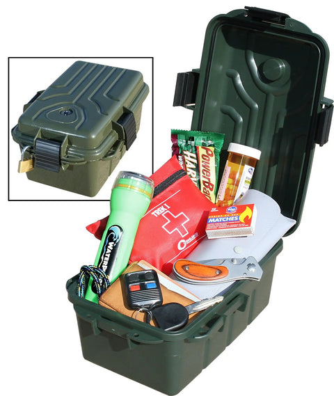 Open Outdoor Dry Box With O Ring Seal Forest Green Large Tough As Nails Waterproof Gear Storage Case with gear inside, built-in compass.