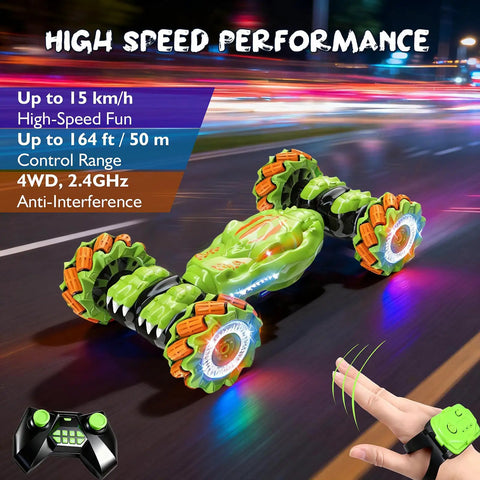 Gesture Sensing RC Stunt Car With Remote And Hand Control, 360 Degree Spin 4WD Off Road Toy for kids, lights on road