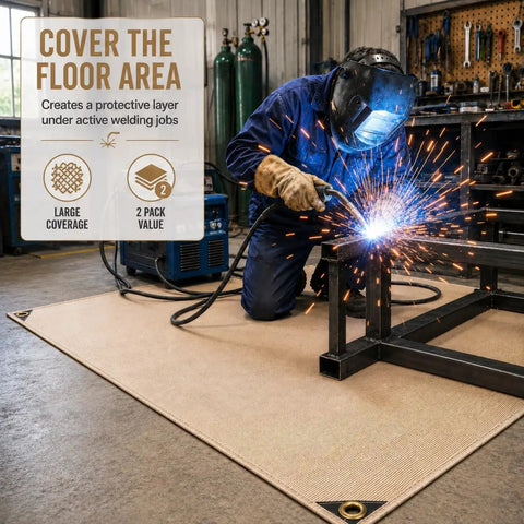 Person welding with sparks flying on Fiberglass Welding Blanket Heavy Duty Pro Grade Built Tough 4x6 Ft With Brass Grommets