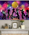 Throwback Disco Backdrop For 70s 80s 90s Parties, Neon Night Photo Booth Background Banner, dancers silhouette under disco ball