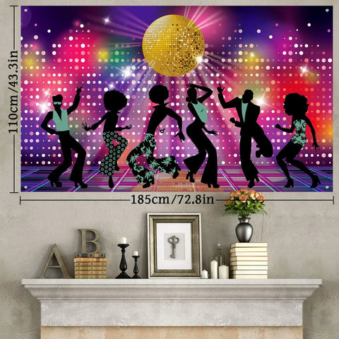 Throwback Disco Backdrop For 70s 80s 90s Parties, Neon Night Photo Booth Background Banner, dancers silhouette under disco ball