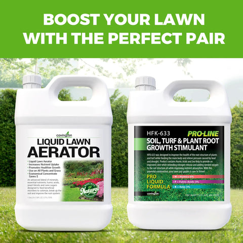Liquid Lawn Aerator One Gallon Soil Conditioner And Softener For Lawns And Gardens Loosens Clay And Compacted Soil For Better Water And Nutrient Absorption Concentrated Liquid Aeration For Stronger Roots For DIY Lawn Care Pros next to a growth stimulant container.