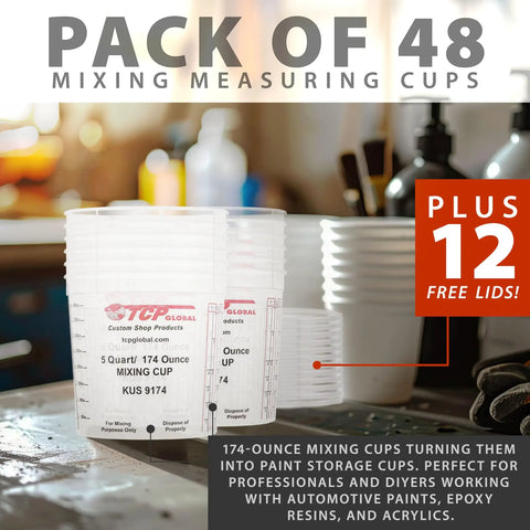 5 Quart Plastic Mixing Cups Kit With 48 Pack And 12 Lids For Liquids, Automotive Paint, Epoxy Resin, And Arts And Crafts displayed