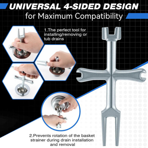 Heavy Hitter Tub Drain Wrench With Sliding Handle For Universal Cross Bars And Dead Simple Sink Pop Up Plug Removal Effortless Bathroom Plumbing Fix Kit, 4-sided zinc plated steel tool.