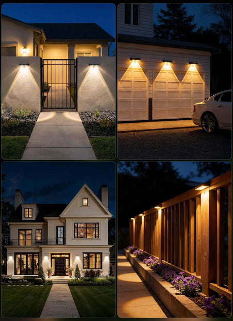 Slick Solar Fence Lights 8 Pack Weatherproof Outdoor Lamp illuminating a pathway and home gardens at night.