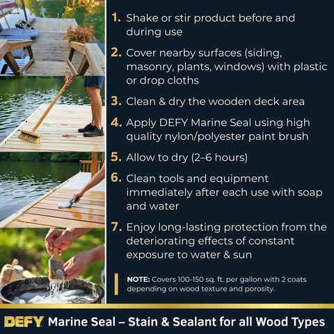 Instructions for using Rock Solid Marine Grade Wood Sealant And Stain For Docks And Piers With Zero Mess Clear Formula.