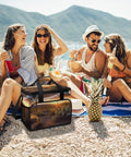 Desert Sunset Cactus Cooler Bag Insulated Lunch Box for Men and Women Small Portable Beach Cooler for travel with group on rocky beach.
