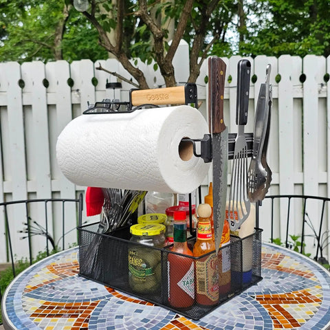 Grill Caddy For Outdoor Grill And BBQ Magnetic Tool Holder With Paper Towel Arm Condiment And Utensil Storage Organizer