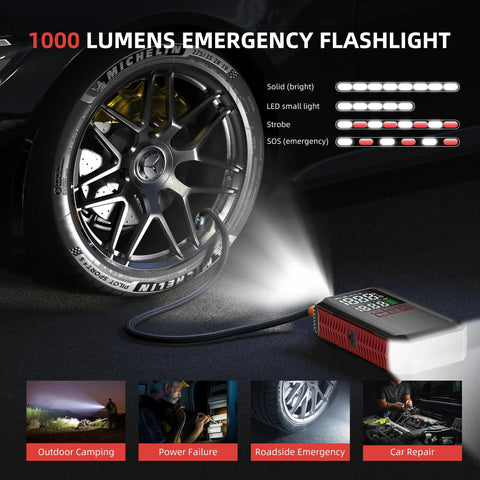 Beast Jump Starter With Air Compressor 160 PSI inflating car tire with bright flashlight