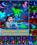 Star Projector Night Light For Kids With 6 Films And 78 Lighting Modes Rechargeable Ceiling Projector shown in child's room