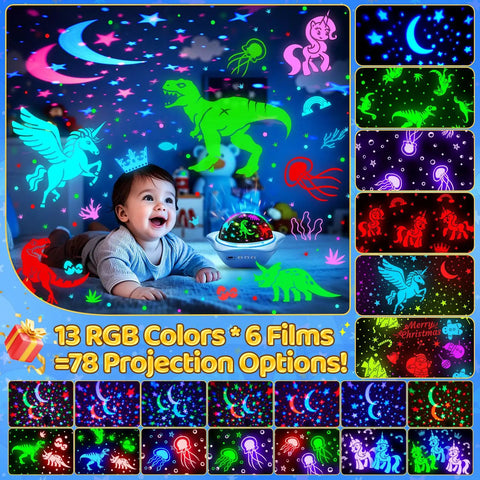 Star Projector Night Light For Kids With 6 Films And 78 Lighting Modes Rechargeable Ceiling Projector shown in child's room