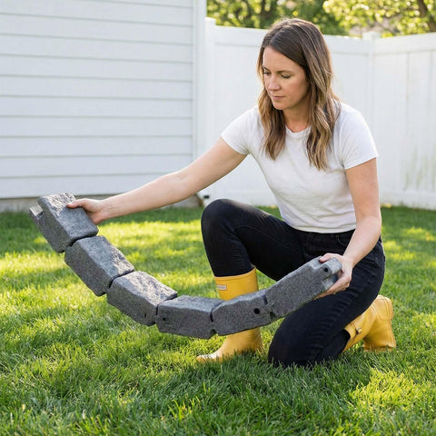 Woman holding Faux Stone Landscape Edging Kit 15.5 Ft No Dig Border For Lawn And Garden Beds with Realistic Texture 4 Pack of Sections.