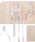 4 In 1 Cuticle Tool Set With Nipper Pusher Cutter And File In Pink Leather Case For Pro Grade Nail Care Manicure Pedicure