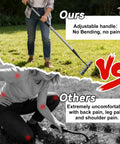 Comparison of 7-Tooth Iron Weeding Rake With Long Handle in use vs competitor causing discomfort.