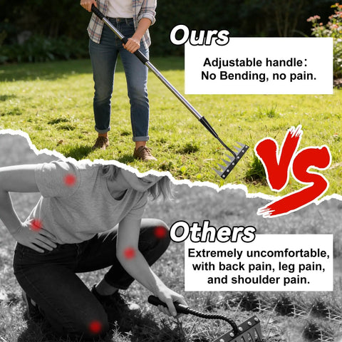 Comparison of 7-Tooth Iron Weeding Rake With Long Handle in use vs competitor causing discomfort.