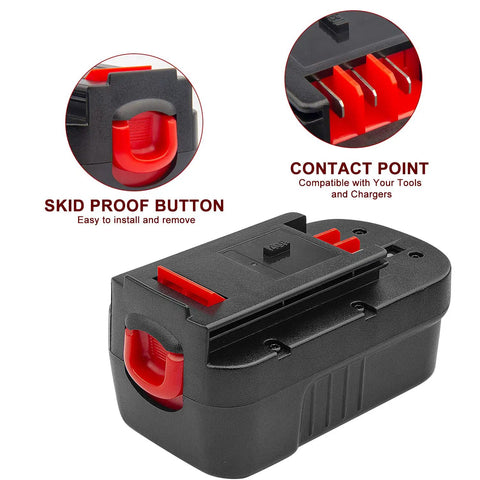 Two Pack 18V Replacement Battery For HPB18 Series That Hooks Up With Black And Decker And Firestorm Cordless Tools 24476000 NiMH 64.8W 1550g Long Lasting Power featuring skid-proof button and contact points.