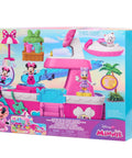 Packaging of Bowdazzling Minnie Mouse Yacht Playset With Lights And Sounds 14 Piece Boat Set Includes Figures Slide Wave Rider.