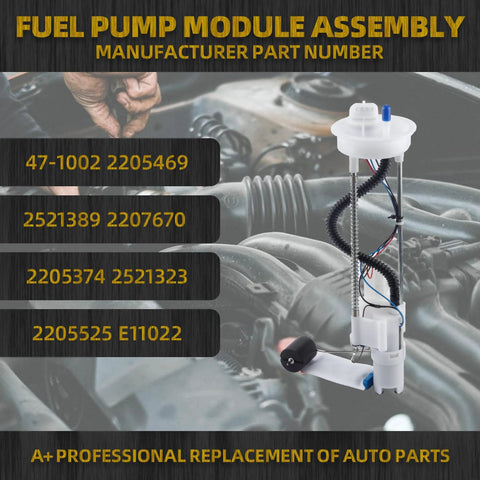 Electric Fuel Pump Assembly For Polaris Sportsman 450 570 850 1000 ATV with part numbers 2205469, 47-1002 displayed on engine backdrop.