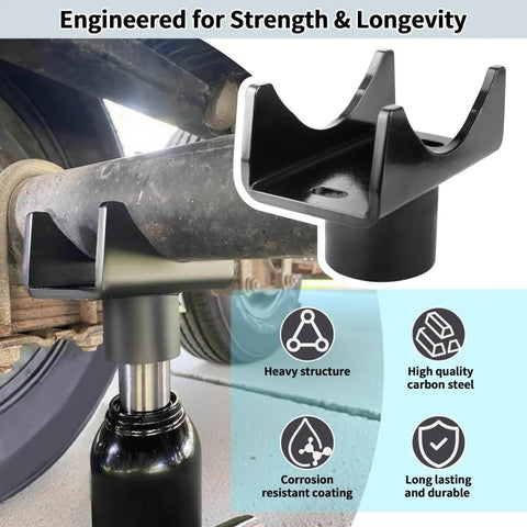 Beefy Heavy Duty Bottle Jack Axle Adapter Lifting Saddle Cradle for 2 to 4 Inch Axles, Alloy Steel, shown lifting an axle